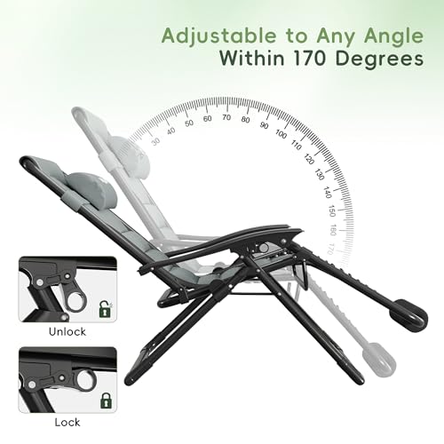 Amopatio Oversized Zero Gravity Chair XL Folding Outdoor Lounge Reclining Patio Chair with Tray/Footrest/Headrest for Camping Sunbathing Relaxing Reading，Support 500LBS - color: Gray-black, style: 29in-2pcs
