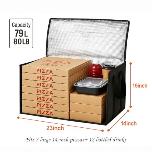 Cooler Insulated Food Delivery Bag & Drink Carrier with Hard Bottom, XXX-Large Pizza Bags for Commercial Food Delivery, Grocery Catering Travel Thermal Frozen Carrier, Cold Warmer Accessories - color: Black Bag with Drink Carrier, size: 23" x 14" x 15"