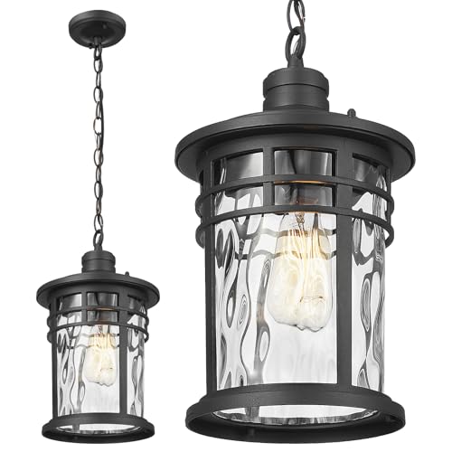 Darkaway Large Outdoor Pendant Lights for Porch, 15inch Outdoor Chandelier Hanging Porch Lights Outside Ceiling Mount Aluminum with Water Ripple Glass for Front Porch Gazebo Patio - color: Black-Water Ripple Glass, size: Large Size