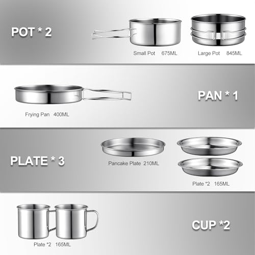 Stainless Steel Camping Cookware Mess Kit - Portable Backpacking Cooking Set with Pot/Plates/Cups & Storage Bag, Outdoor Cookware for Hiking, Picnic, Camping & Backpacking Adventures（8PCS）