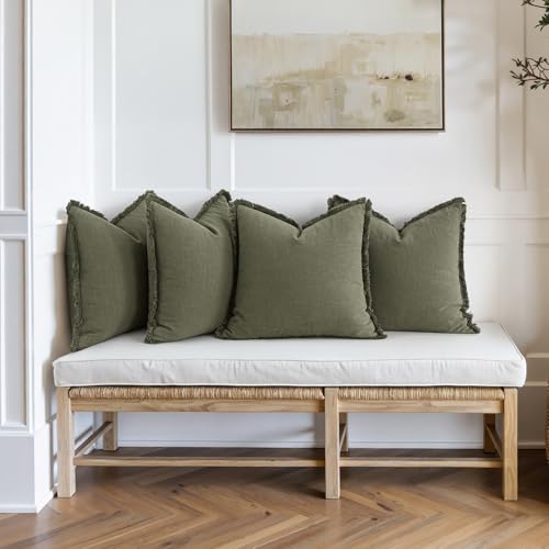 MIULEE Decorative Couch Pillow Covers Neutral Linen Fringe Throw Pillows Set of 4 Boho Farmhouse Cushions Soft Accent Pillowcases for Bed Couch Sofa Living Room Spring Decor 18x18 Inch Olive Green - color: Olive Green, size: 18" x 18" (Pack of 4)