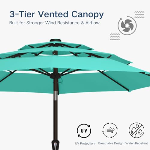 10FT Patio Umbrella 3 Tiers Outdoor Market Umbrella w/Push Button Tilt, Crank, UV and Waterproof Table Umbrella for Garden, Pool, Backyard, Deck, Lawn, Turquoise Blue - color: Turquoise Blue