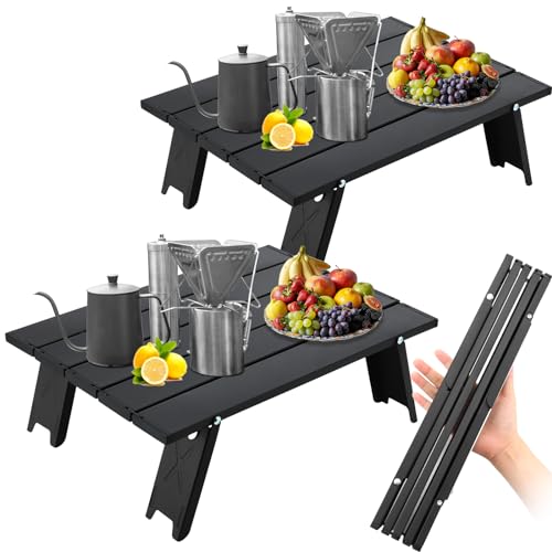 Barydat 2 Pack Small Folding Beach Table Aluminum Portable Camping Lightweight Roll up Tent Low Table for Sand Outdoor Compact Picnic with Carry Bag for Outdoor Picnic Tent Travel Beach(Black) - color: Black