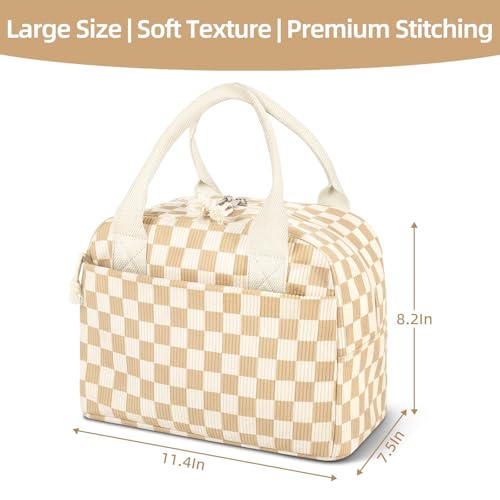 Reusable Insulated Lunch Bag for Women Men, Corduroy Lunch Tote Leakproof Cooler Bag with Reinforced Stitching, Cute Lightweight Thermal Lunch Box for Work Study Picnic Travel, Checkered Beige Brown - color: Checkered Beige Brown