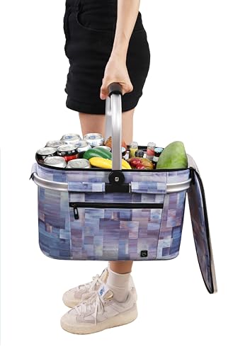 ALLCAMP Picnic Basket - Insulated Cooler, Thickening Foldable Picnic Basket with Removable Baskets & Sewn-in Frame, Basket for House Warming Gifts New Home(Purple Pattern) - color: Purple Pattern, size: Medium