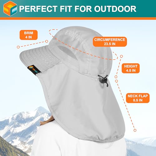 SUN CUBE Wide Brim Sun Hat with Neck Flap, UPF50+ Hiking Safari Fishing Hat for Men Women, Sun Protection Beach Hat - color: Light Grey