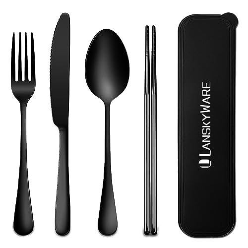 Travel Utensils, 18/8 Stainless Steel 4pcs Cutlery Set Portable Camp Reusable Flatware Silverware, Include Fork Spoon Chopsticks with Case (black) - color: Black - 4 PCs - Chopsticks
