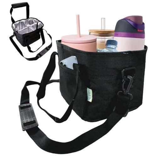 Family Size 4 Compartment Drink Carrier Bag, Cup Carrier Caddy for Hot & Cold Drinks, Portable Cup Holder for Car Travel, Beach, Picnic, Camping & Commute (Black) - color: Black