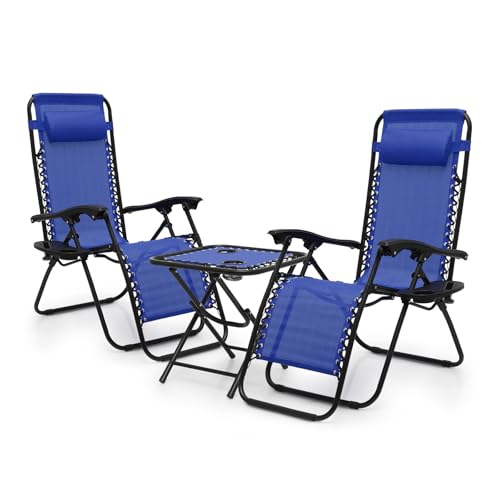 Athena Collection Zero Gravity Outdoor Lounge Chair Set of 2 with Side Table, 25" Width Pool Lounge Lawn Chairs Reclining with Cup Holder, Outdoor Chaise for Beach Patio Backyard Outside, Blue - color: Blue, style: 25" Width