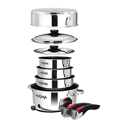 Magma 10 Piece Gourmet Nesting Stainless Steel Cookware Set with Ceramica Non-Stick, Induction Compatible, Oven Safe to 500°F - Suitable for All Stovetops, Removable Handles, Silver - color: Stainless Steel, style: 10 Piece, Non-stick