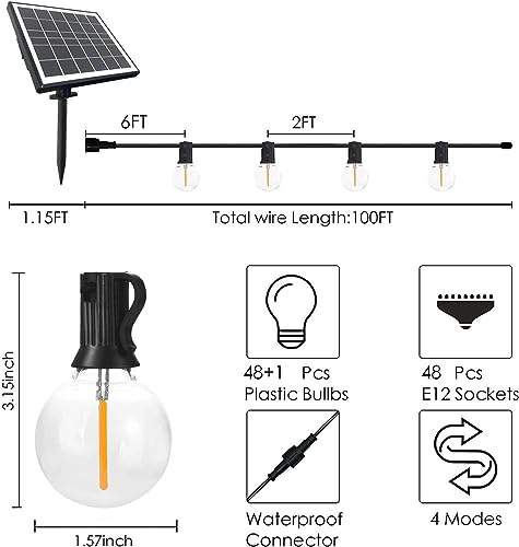 SUNTHIN 100ft Solar String Lights, USB Rechargeable Solar Outdoor Lights with 48 Waterproof & Shatterproof G40 LED Bulbs for Patio, Porch, Garden, Deck, Bistro, Cafe, Camping - size: 100 Feet