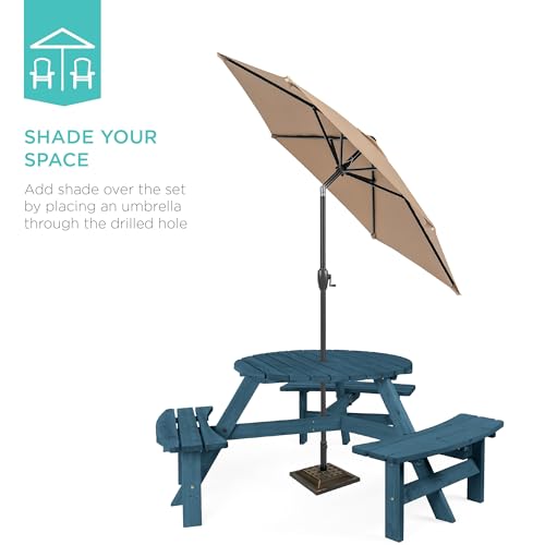 Best Choice Products 6-Person Circular Outdoor Wooden Picnic Table for Patio, Backyard, Garden, DIY w/ 3 Built-in Benches, 500lb Capacity - Harbor Blue - color: Harbor Blue