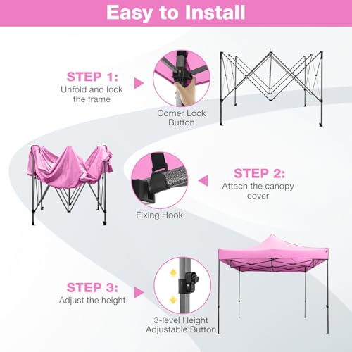 Tangkula 10x10 FT Pop Up Canopy, Instant Setup Outdoor Tent with Heavy-Duty Carbon Steel Frame, Wheeled Bag, 4 Sandbags, 8 Stake, 4 Ropes, Portable Canopy Tent for Parties Events Camping (Pink) - color: Pink