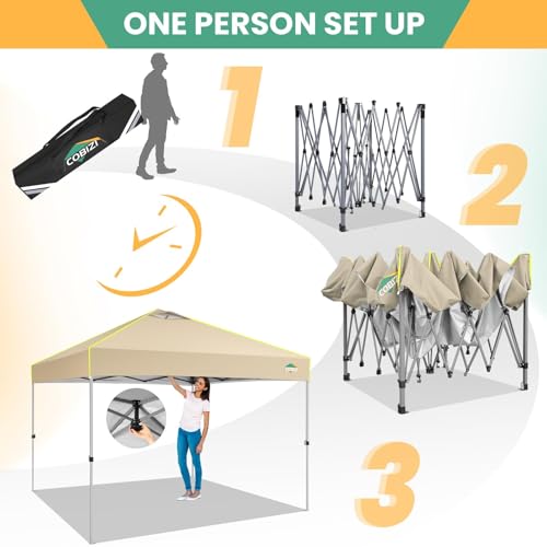 COBIZI 10x10 Pop Up Canopy Tent, Outdoor Party Tent Without Sidewall One Push Setup Glow, 3 Adjustable Height Air Vent Waterproof UPF50+, Bag, 4 Sandbag, 8 Stake, 4 Rope for Beach, Commercial - color: Khaki, size: 10x10