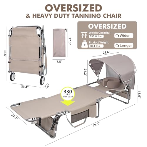 Wheel-To-Go Oversized Tanning Chair with Face Hole & Wheels | Portable Heavy Duty Folding Lounge Chair | Outside Sunbathing Reading Relaxing Beach Poolside Lawn | XL Wide | 330 LBS (Patent Design) - color: Beige, style: Oversized + Sun Canopy Style