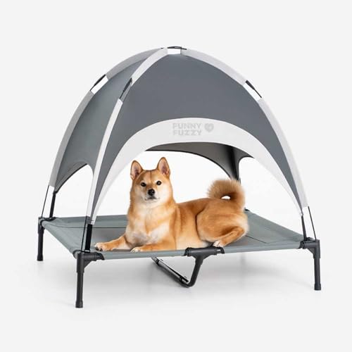 FUNNY FUZZY Elevated Dog Bed with Canopy,Grey, Large(36"x30"x7")–Outdoor Pet Cot with UV Protection, Breathable Mesh for Cooling, Indoor & Outdoor Use for Dogs up to 120 lbs - color: Grey, size: Large