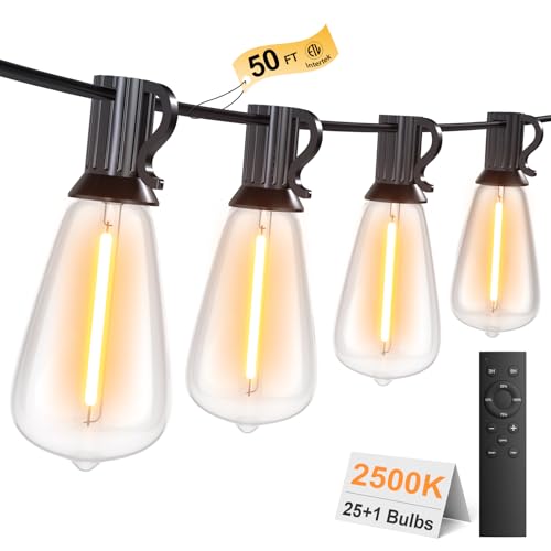 50FT Outdoor String Lights with Remote, Garden Patio Decor with 2500K Warm White, 25+1 LED Edison Bulbs, Support Timer Dimmable Waterproof Shatterproof for Yard Outside Porch Deck Indoor - size: 50FT