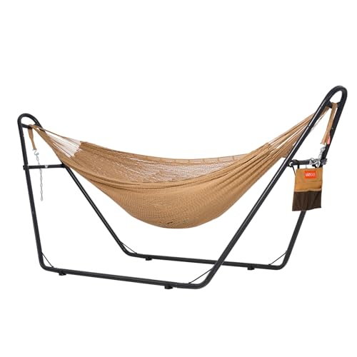 Lazy Daze Hammocks Handwoven Mayan Hammock with Heavy Duty Steel Stand, 10.5 FT Soft Rope Double Hammock for Patio Outside, 550 lbs Weight Capacity, Tan - color: Tan