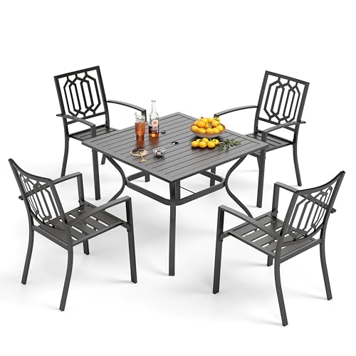 PHI VILLA 5 Pieces Outdoor Dining Set for 4, 37” Black Square Wrought Iron Table with Umbrella Hole & Stackable Chairs, Outside Metal Furniture for Patio, Deck, Yard, Porch - color: Hexagon Back Chair, size: 5pcs-37" Steel Table
