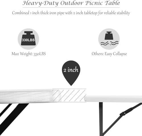 MEDIMALL Picnic Table, Portable Picnic Tables with Benches, Plastics Picnic Table Bench Set with Metal Frame & All Weather Tabletop, Large Camping Picnic Table for Outdoors, Backyard, Garden (White) - color: White