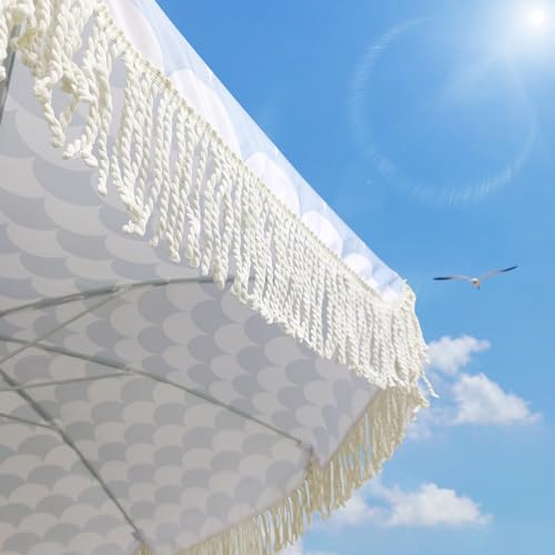 Lefedrasticity Boho Outdoor Umbrella with Tassels,6ft Table Umbrella Outdoor Patio with Knobs Tilt,Wind Resistant Portable Beach Umbrella UPF50+ Fringe Umbrellas For Pool Backyard Deck Garden - color: Green Pattern