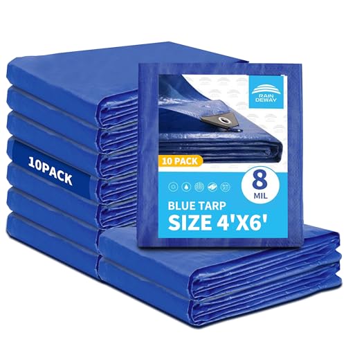 RAINDEWAY Small Tarps 4x6 Feet (10 Pack) 8 Mil, UV Resistant, Durable, Multipurpose Waterproof Poly Tarp Cover with Metal Grommets and Reinforced Edges,Blue Tarp - color: Blue, size: 4x6 Feet (10 Pcs)-Finished Size