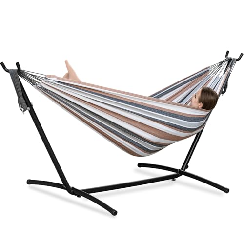 PNAEUT Double Hammocks with Stand for Outside, Portable Space Saving Heavy-Duty Steel Frame for Indoor Outdoor Patio Yard, Easy Assembly, 2 Person 450 lbs Capacity (Coffee) - color: Coffee