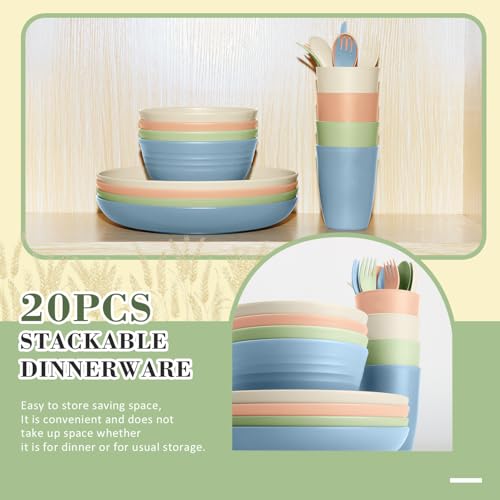 Wrova Wheat Straw Kids Plates and Bowls Sets,Unbreakable Kids Dinnerware sets with Flatwares,Lightweight Reusable Camping Plates and Bowls Sets.Nordic Series - color: Nordic Series, size: 20 Pack