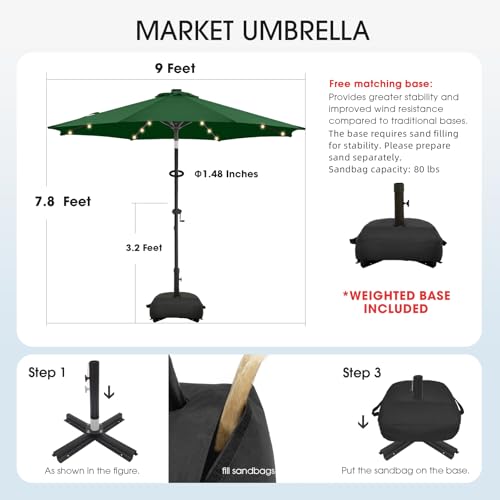 wikiwiki 9FT Solar Led Patio Umbrella with Base Included, 32 LED Lights, 8 Sturdy Ribs, Fade Resistant Waterproof POLYESTER DTY Canopy for Garden, Lawn, Deck, Backyard & Pool, Dark Green - color: Dark Green, size: 9FT