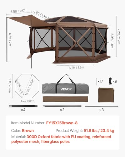 VEVOR Pop up Gazebo Screen Tent, 15 x 15 ft Large 8-Sided Camping Canopy Tent with Removable Top & Carry Bag, Quick-Set & Bite-Proof, Screen House Sun Shelter for 12-15 Persons Backyard Patio, Brown - color: Brown, size: 15x15ft