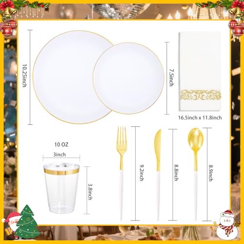 Supernal 350pcs Gold Plastic Dinnerware Set for 50 Guests,Fancy Disposable Plates for Party,Gold Plastic Silverware with White Handle,Disposable White Plates Wedding,Birthday - color: 350pcs White and Gold Plastic Dinnerware Set