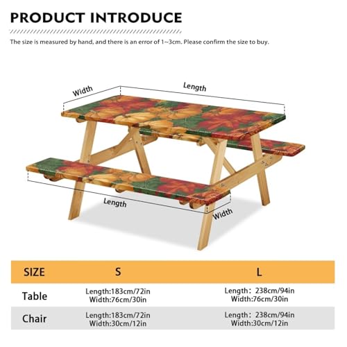 Thanksgiving Elastic Fitted Table Cloth for Camping Party Supplies 3 PCS Set Classic Pumpkin Maple Leaf Outdoor Picnic Table Cover with Bench Covers - color: Classic Pumpkin Maple Leaf, size: Small