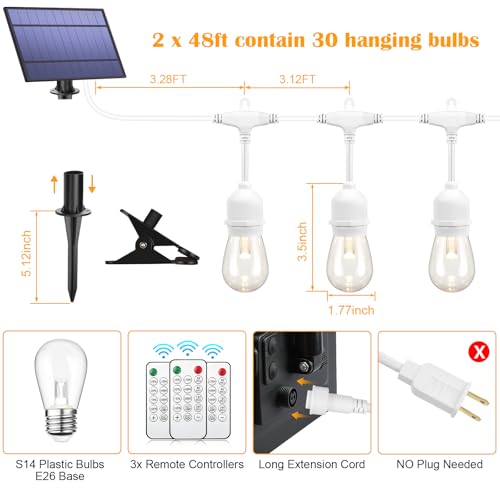 Mlambert 96FT(2x48FT) 3-Color in 1 Dimmable Solar String Lights Outdoor, Remote Patio String Lights with 30+5 LED Bulbs for Pergola Outside-White Cord - color: White, size: 96FT