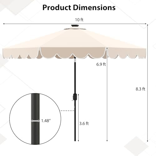 Tangkula 10FT Solar LED Patio Umbrella, 2-Tiers Scalloped Outdoor Table Market Umbrella with 24 LED Lights, Vented Top, Tilt Adjustment, Crank, 8 Ribs for Backyard Poolside Deck Beach Lawn (Beige) - color: Beige, size: 10Ft