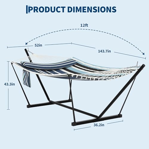 KYBOLT 2 Person Double Hammock with Stand & Pillow, 450 LBS Heavy Duty Outdoor Hammock with Balance Rope for Patio Backyard Poolside