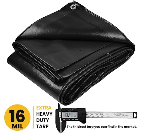 Extra Heavy Duty 16 Mil Tarp Cover, Waterproof, UV Resistant, Rip and Tear Proof, Poly Tarpaulin with Reinforced Edges for Roof, Camping, Patio, Pool, Boat. (Black 6′ X 8′) - color: Black-16 Mil, size: 6′ X 8′