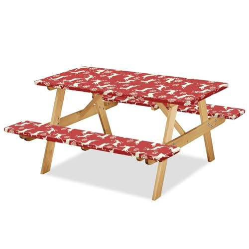 Xmas Picnic Table Cover with Bench Covers 3 PCS Christmas Reindeer Snowflake Fitted Picnic Table Cover for Outdoor Camping Accessories - color: Christmas Reindeer Snowflake, size: Small