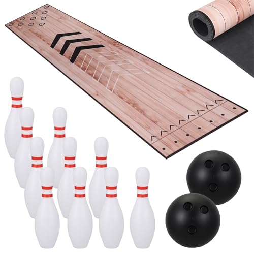 Mini Bowling Set, Indoor & Outdoor Home Bowling Alley Set with Thicken Lane, Bowling Pins & Ball Set for Family & Friends, Diatomite & Rubber Materials Lane (Upgrade)
