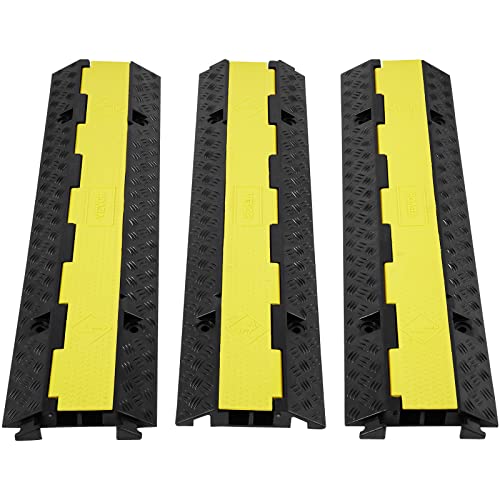 VEVOR 3 PCs 2 Channel Rubber Cable Protector Ramp, 12000 lbs/axle Capacity Heavy Duty Hose Wire Cover Ramp Driveway, Traffic Speed Bump w/Flip-Open Top Cover & 50 ft Warning Tape, for Indoor&Outdoor - style: 2 Channel-3PCs