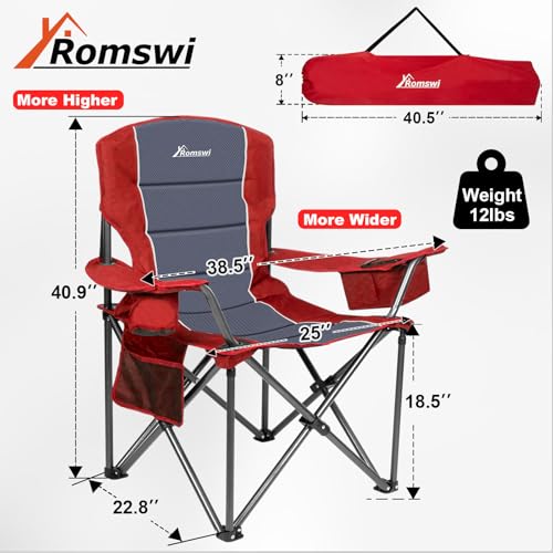 Romswi Oversized Camping Chairs,Heavy Duty Support 500 LBS,Padded Back & Arm Sport Chairs, Cup Holder Cooler Bag, Collapsible Folding Chairs for Outdoor, Fishing & Garden, Red,2-Pack - color: Red