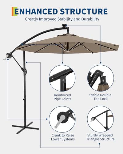Jojoka 10FT Cantilever Patio Umbrella with Solar LED Lights - Offset Outdoor Umbrella - Easy Lift & Tilt - UV Protection - Fade Resistant - Ideal for Deck, Pool, Garden - color: Tan