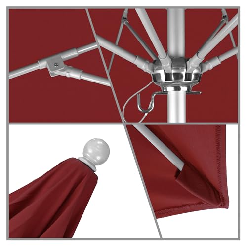California Umbrella 9' Round Aluminum/Fiberglass Umbrella, Push Open, Silver Pole, Olefin Red Fabric - color: Red