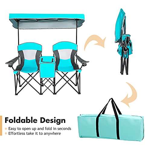 DORTALA Double Camping Chair with Canopy, 2 Person Folding Beach Chair with Canopy Shade, Table Beverage Holder and Storage Bag, Double Rocker Chair Outdoor for Camping, Beach, Picnic, Turquoise - color: Turquoise