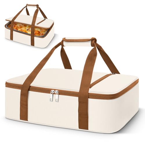 Coobiiya Insulated Casserole Carrier,Lasagna Lugger Tote Keeps Food Hot or Cold,Thermal Lunch Bag Warmer & Cooler Carrier Bag,Portable Tote Bag Fits 9" x 13" Baking Dish for Picnic and Cookout - color: Beige, size: Single Layer: 15.75 × 11.8 × 4.7 in
