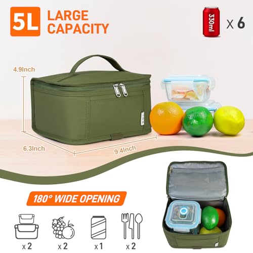 NOL Natural Organic Lifestyle Small Lunch Bag Mini Lunch Box Insulated Lunch Bag for Men/Women Leakproof Cooler Tote Bag Lightweight Nylon Waterproof Lunch Box For Work, Amy green - color: Amy green, size: Medium(5 Liters)