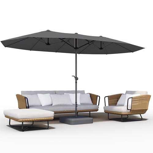 GDPFN 15FT Large Patio Umbrella with Base Included, Outdoor Deck Standing Umbrella with Crank Handle, Double-Side Rectangular Pool Umbrella for Outside, Market, Patio, Dark Gray - color: Dark Gray, size: With Base-no Led