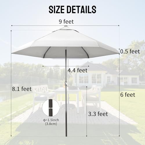 CROWN SHADES 9 Ft Patio Umbrella with Auto-Tilt & Olefin Fabric - Patented 45°Edge Connection Wind Resistant Outdoor Umbrella for Table, Pool, Beach, Effortless Crank System - color: Beige