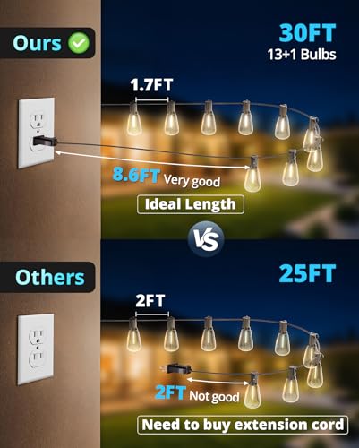 VIPAR Outdoor String Lights 30FT LED Patio Lights Waterproof with 13+1 Shatterproof ST38 Edison Bulbs, Connectable Outside Hanging Light for Porch, Garden, Backyard, Deck, Balcony, Decor, 2700K - size: 30FT