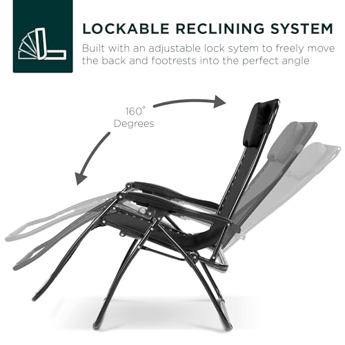 Best Choice Products Oversized Zero Gravity Chair, Folding Outdoor Patio Lounge Recliner w/Cup Holder Accessory Tray, Pillow - Black - color: Black