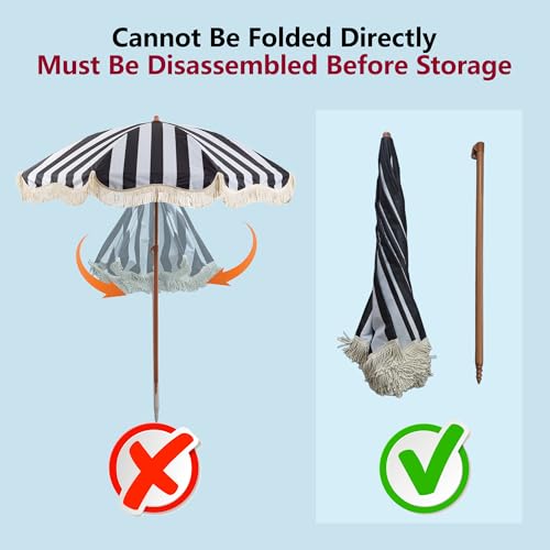 Rayjee 6.5FT Patio & Beach Umbrella with Fringe, Outdoor Sun Umbrella with Tilt & Adjustable Height, Aluminum Pole Market Umbrella for Garden, Deck, Pool & Beach - color: Black and white stripes